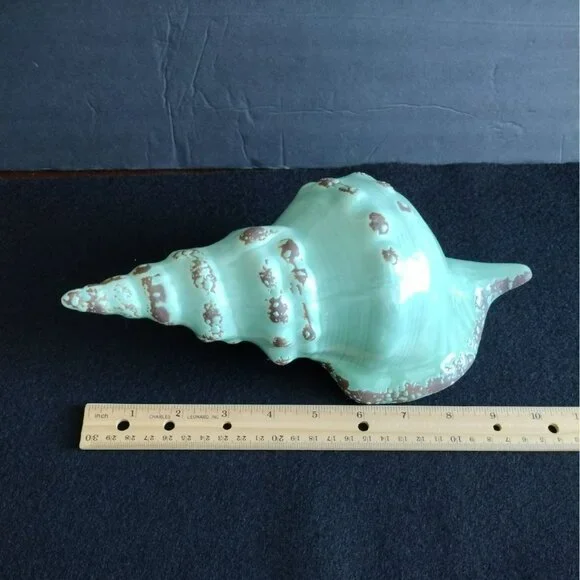 Ceramic Seashell Glazed Conch Shell Beach Ocean 10" Sea Green Sculpture Figurine
